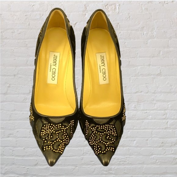 NEW JIMMY CHOO -- Stiletto Heels, Black, "Abel," Leather w/Gold Studs, Evening - Picture 4 of 15